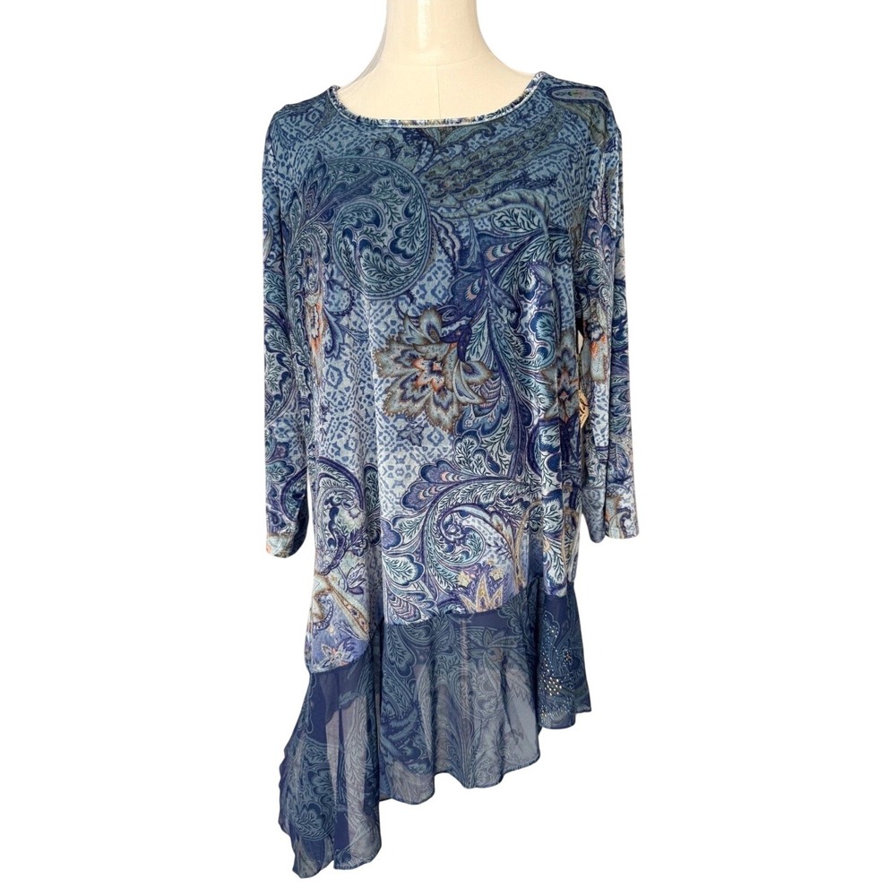 One World Blue Paisley Velvet Sheer Embellished Asymmetric Top XL NWT Boho Fairy
